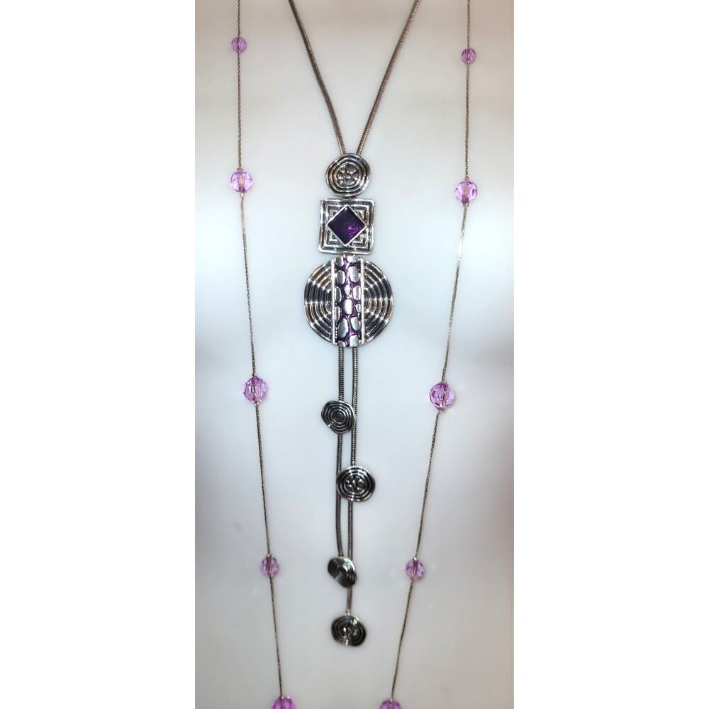 Lot of 2 Purple Necklaces Silvertone Dramatic Y Drop Pendant Long Station Beaded